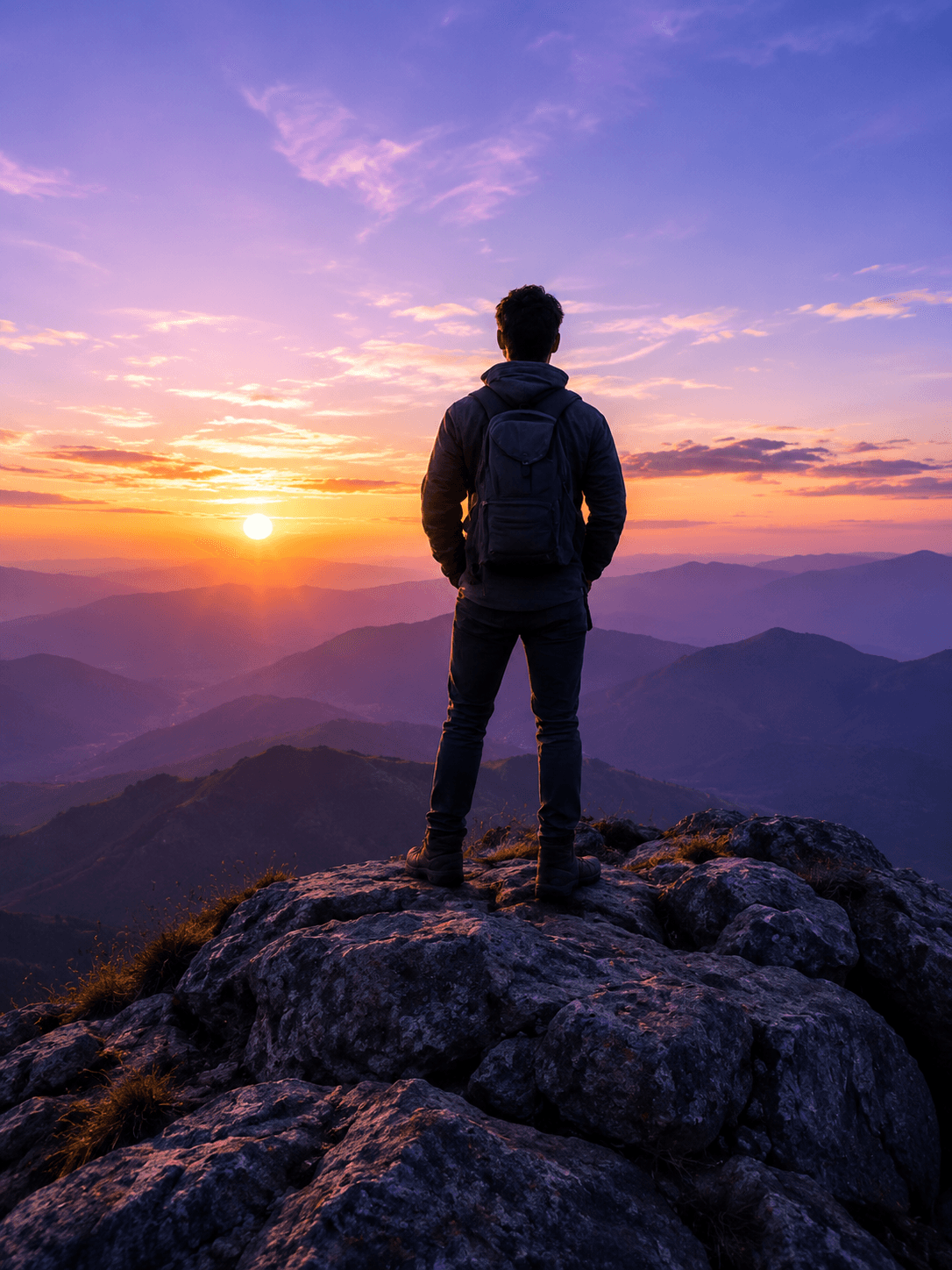 Person standing on a mountain peak at sunrise, representing clarity and long-term vision