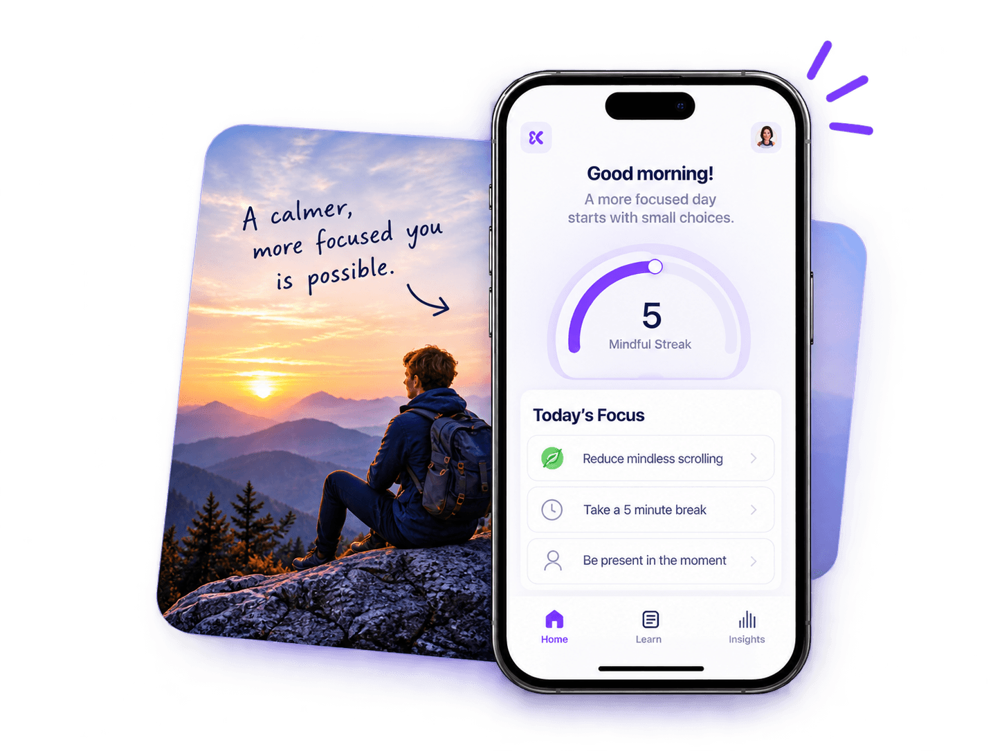 Person overlooking mountains beside a phone showing mindful focus goals